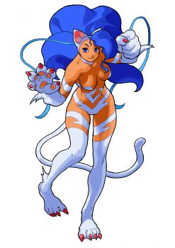1girl absurdres ahoge animal_ears animal_feet animal_hands bengus big_hair blue_eyes blue_hair body_fur breasts cat_ears cat_girl cat_paws cat_tail claws darkstalkers felicia_(darkstalkers) fingernails game_cg hands_up highres huge_ahoge long_hair non-web_source official_art red_nails sharp_fingernails sharp_toenails simple_background smile solo tail toenails vampire_savior:_the_lord_of_vampire white_background white_fur