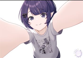 1girl commentary eyelashes grey_shirt hair_ornament hairclip highres hololive hololive_english merriegold_d ninomae_ina&#039;nis ninomae_ina&#039;nis_(loungewear) official_alternate_costume official_alternate_hair_length official_alternate_hairstyle outstretched_arms pointy_ears pov purple_eyes purple_hair shirt short_hair short_sleeves sidelocks smile solo t-shirt transparent_background virtual_youtuber