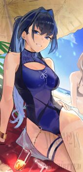 Rule 34 | 2girls, absurdres, beach, black hair, blue eyes, blue hair, blue one-piece swimsuit, blue sky, breasts, brown hair, colored inner hair, cup, day, drinking glass, grin, highleg, highleg one-piece swimsuit, highres, hololive, hololive english, large breasts, looking at viewer, multicolored hair, multiple girls, nanashi mumei, ocean, official alternate costume, official alternate hairstyle, one-piece swimsuit, ouro kronii, ouro kronii (holonatsu paradise), outdoors, ponytail, sand, sky, smile, swimsuit, virtual youtuber, watermark, wine glass, yukii91218