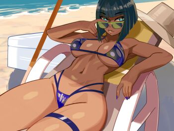 Rule 34 | 1girl, adjusting eyewear, alternate costume, beach, bikini, black hair, blue eyes, blue nails, bob cut, breasts, bright pupils, chair, dark-skinned female, dark skin, eliza (skullgirls), fingernails, hat, idarasen, large breasts, lips, long fingernails, looking at viewer, lounge chair, nail polish, navel, ocean, pink lips, sand, skullgirls, solo, straw hat, sunglasses, swimsuit, thigh strap, unworn hat, unworn headwear, water