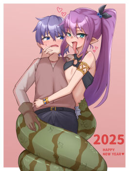 1boy 1girl blue_eyes green_eyes hug kazami_windy lamia long_tongue luka_(mon-musu_quest!) mon-musu_quest! monster_girl ponytail purple_hair teeny_(mon-musu_quest!) tongue