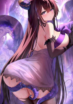 Rule 34 | 1girl, absurdres, akusamu, armband, ass, azur lane, black gloves, black thighhighs, bow, breasts, brown hair, commentary request, cowboy shot, elbow gloves, frilled armband, frilled nightgown, frills, from behind, gloves, hair between eyes, highres, horns, large breasts, long hair, looking at viewer, multicolored hair, nightgown, official alternate costume, purple bow, purple nightgown, purple streaks, queen anne's revenge (azur lane), queen anne's revenge (call of the creeping embrace) (azur lane), see-through clothes, see-through nightgown, solo, streaked hair, tentacles, thighhighs, torn clothes, torn thighhighs, variant set, very long hair, wet thighhighs