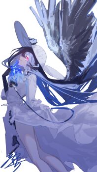 1girl absurdres akaguchi_35 black_hair breasts commentary constance_(honkai:_star_rail) demon_girl demon_horns demon_tail dress english_commentary highres honkai:_star_rail honkai_(series) horns large_breasts looking_at_viewer purple_eyes solo tail white_dress