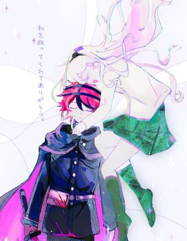 1boy 1girl belt belt_pouch black_cape black_flower black_hair black_hairband black_jacket black_pants blood blood_on_clothes boots buttons cape chromatic_aberration closed_eyes closed_mouth commentary flower ghoulybot_xox green_boots green_skirt hairband highres holding holding_sword holding_weapon jacket kashimiya_karua knee_boots last_defense_academy_school_uniform long_hair long_sleeves miniskirt mole mole_under_eye multicolored_hair open_mouth pants pleated_skirt pouch red_hair school_uniform short_hair skirt smile sparkle sumino_takumi sword the_hundred_line_-last_defense_academy- translation_request two-sided_cape two-sided_fabric two-tone_hair very_long_hair weapon white_belt white_hair white_jacket