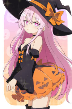 1girl alternate_costume black_choker black_hat blush bow breasts cato_(monocatienus) choker cleavage clothing_request commentary_request detached_sleeves halloween_costume hat hat_bow hata_no_kokoro highres long_hair looking_at_viewer open_mouth orange_bow orange_skirt pink_eyes pink_hair skirt skirt_cutout solo touhou very_long_hair witch_hat