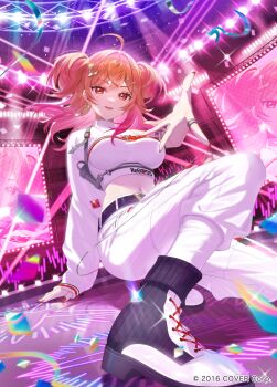 1girl ahoge arm_strap belt black_belt boots cargo_pants colored_inner_hair commentary_request company_name concert copyright_notice crop_top cropped_shirt earrings floating_hair glowstick gradient_hair hair_ornament hairclip heart heart_earrings hololive hololive_dev_is ichijou_ririka ichijou_ririka_(regloss_uniform) indoors jewelry lace-up_boots long_hair long_sleeves looking_at_viewer midriff multicolored_hair nail_polish navel official_alternate_costume official_alternate_hairstyle official_art orange_eyes orange_hair orange_nails pants parallel_hairclips penlight_(glowstick) pink_hair pompocy reaching reaching_towards_viewer ring shirt single_earring single_sleeve solo stage swept_bangs two_side_up virtual_youtuber white_boots white_pants white_shirt