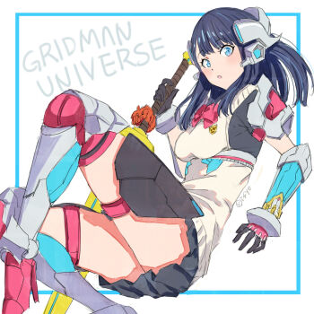 Rule 34 | 1girl, arm guards, armored boots, arms up, black hair, black shirt, black skirt, blue eyes, blush, boots, bow, bowtie, breasts, cosplay, floating hair, gloves, gluteal fold, gridman (character), gridman (ssss), gridman (ssss) (cosplay), gridman universe, gridman universe (movie), headgear, highres, holding, holding sword, holding weapon, long hair, looking at viewer, mecha musume, medium breasts, miniskirt, open mouth, orange scrunchie, pleated skirt, red bow, red bowtie, risyo, school uniform, scrunchie, shirt, short sleeves, skirt, solo, sweater vest, sword, takarada rikka, weapon, white sweater vest