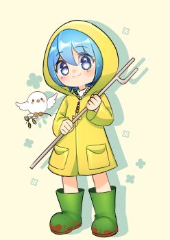 1girl absurdres animal bead_necklace beads bird blue_eyes blue_hair boots cane closed_mouth commentary cross cross_necklace dirty_footwear double-parted_bangs dove english_commentary full_body green_boots hair_between_eyes highres holding holding_cane hood hood_up jewelry jubilee_2025 latin_cross long_sleeves looking_at_viewer luce_(jubilee_2025) necklace olive_branch raincoat rubber_boots ryuuxin shadow short_hair simple_background smile solo standing yellow_background yellow_raincoat