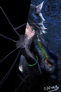 1girl ahoge animal_ears belt belt_buckle wallet_chain blue_background blue_gloves blue_hair blue_jacket blue_necktie blue_pants breasts breasts_apart broken_mirror brown_belt buckle center_frills collared_shirt commentary_request curtained_hair ear_ornament frills fuji_kiseki_(umamusume) gloves green_eyes hanefuki_itachi highres horse_ears horse_girl horse_tail jacket large_breasts long_sleeves looking_at_viewer mirror multicolored_hair necktie pants parted_bangs partially_unbuttoned shards shirt signature solo standing streaked_hair tail two-tone_hair umamusume white_hair white_shirt