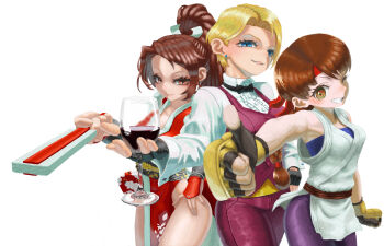 3girls absurdres alcohol blonde_hair blue_eyes braid breasts brown_hair commentary cup drinking_glass earrings fatal_fury fingerless_gloves folded_fan folding_fan gloves hand_fan headband high_ponytail highres japanese_clothes jewelry king_(snk) large_breasts long_hair multiple_girls ninja nojob_hiro one_eye_closed ponytail red_headband revealing_clothes ryuuko_no_ken shiranui_mai short_hair simple_background single_braid spandex thumbs_up white_background wine wine_glass yuri_sakazaki