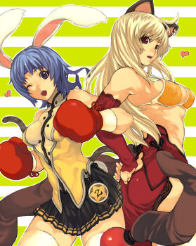 10s 2girls abs animal_ears armpits bikini bikini_top_only blonde_hair blue_hair boxing_gloves breasts brown_eyes bunny_(trickster) cat_(trickster) cat_ears cat_tail detached_sleeves ear_piercing earrings headband heart imigimuru jewelry locked_arms long_hair looking_back medium_breasts midriff multiple_girls muscular one_eye_closed open_mouth piercing purple_eyes rabbit_ears rabbit_tail red_eyes short_hair sideboob single_earring skirt swimsuit tail thighhighs trickster_(ntreev_soft) white_thighhighs wink zettai_ryouiki