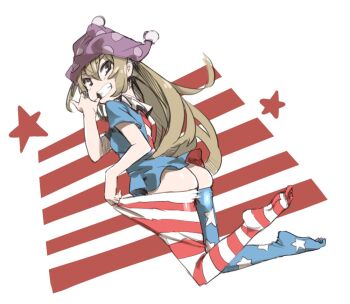 1girl american_flag_dress american_flag_legwear ass bad_id bad_twitter_id black_eyes blonde_hair clothes_pull clownpiece collar feet female_focus finger_in_own_mouth frilled_collar frilled_shirt_collar frills grin hat jester_cap long_hair looking_at_viewer looking_back mooning mouth_pull muchi_maro no_panties pantyhose pantyhose_pull polka_dot pulling_own_clothes shirt short_sleeves simple_background smile solo star_(symbol) striped teeth touhou very_long_hair