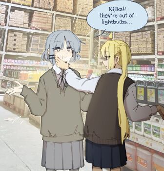 2girls absurdres ahoge black_skirt blonde_hair blue_hair bocchi_the_rock! collared_shirt commentary english_commentary english_text hair_ornament hairclip highres ijichi_nijika indoors long_hair long_sleeves looking_at_another machuuu68 multiple_girls parallel_hairclips photo_background pleated_skirt school_uniform shimokitazawa_high_school_uniform shirt short_hair side_ponytail skirt speech_bubble white_shirt yamada_ryo yellow_eyes