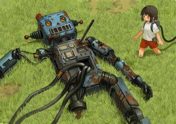 1girl absurdres backpack bag black_eyes black_hair broken cable child devil_lo grass highres original outdoors rebar red_shorts robot rust shirt shorts walking white_shirt