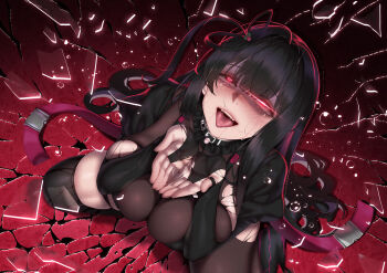 1girl absurdres ahegao asymmetrical_legwear belt black_belt black_bodystocking black_bridal_gauntlets black_collar black_hair blush bodystocking breasts bridal_gauntlets broken_glass chaos_zero_nightmare chest_harness cleavage collar colored_inner_hair commentary_request cupping_hands genkung glass hands_up harness highres holding holding_water large_breasts long_hair mind_break mismatched_legwear multicolored_hair open_mouth own_hands_together red_eyes rin_(chaos_zero_nightmare) rolling_eyes saliva see-through_cleavage see-through_clothes sidelocks single_hiphigh single_thighhigh skindentation solo spread_legs strap tears thigh_strap thighhighs thighs tongue tongue_out torn_clothes very_long_hair