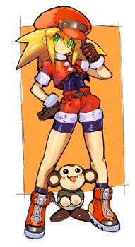 1girl animal belt big_hair bike_shorts bike_shorts_under_shorts blonde_hair blush breasts brown_gloves newsboy_cap capcom commentary_request covered_navel dakusuta data_(mega_man) female_focus full_body gloves green_eyes hand_on_own_hip hat highres long_hair looking_at_viewer mega_man_(series) mega_man_legends_(series) monkey orange_background red_hat red_shorts roll_caskett_(mega_man) short_sleeves shorts simple_background smile solo standing