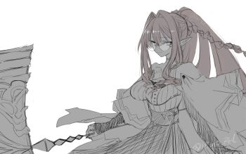 1girl baobhan_sith_(fate) baobhan_sith_(swimsuit_pretender)_(second_ascension)_(fate) breasts capelet fate/grand_order fate_(series) glasses greyscale hammer highres himo looking_at_viewer monochrome pointy_ears ponytail round_eyewear sidelocks sketch smile solo