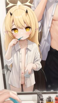 1girl absurdres black_horns black_wings blonde_hair blue_archive commentary comodox demon_wings english_commentary flat_chest halo highres holding horns huge_filesize ibuki_(blue_archive) loli long_hair navel open_clothes open_shirt paid_reward_available pointy_ears pussy reflection shirt toothbrush variant_set white_shirt wings yellow_eyes