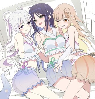 Rule 34 | 3girls, absurdres, bare shoulders, blonde hair, blush, bridal gauntlets, cho kaguya-hime!, closed mouth, commentary request, girl sandwich, green eyes, grin, hair ribbon, highres, kaguya (cho kaguya-hime!), long hair, looking at another, midriff, multiple girls, one eye closed, open mouth, orange skirt, purple eyes, purple hair, purple skirt, ribbon, runami yachiyo, sakayori iroha, sandwiched, shirt, skirt, smile, soha (sirohase), twintails, white hair, white shirt, yellow eyes, yuri