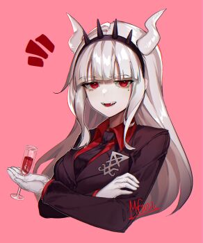1girl alcohol between_fingers black_hairband black_jacket black_necktie blunt_bangs breasts collared_shirt commentary crossed_arms cup demon_girl demon_horns drinking_glass english_commentary fangs gloves grey_hair hairband helltaker highres holding holding_cup horns jacket lapels long_hair long_sleeves looking_at_viewer lucifer_(helltaker) mary_felizola medium_breasts mole mole_under_eye necktie notice_lines open_mouth pink_background red_eyes red_shirt shirt sidelocks simple_background solo spiked_hairband spikes teeth twitter_username upper_body white_gloves wine wine_glass