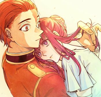 Rule 34 | 1boy, 1girl, fern (sousou no frieren), hair bun, hair slicked back, hand in another's hair, head on chest, hetero, kesyeru, long hair, long sleeves, looking at another, purple eyes, red eyes, red hair, red shirt, scar, scar on face, shirt, short hair, simple background, sousou no frieren, stark (sousou no frieren), twitter username, upper body