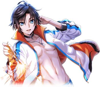 1boy black_hair blue_eyes code_geass code_geass:_lost_stories f4samurai fireworks jacket male_focus mario_disel multicolored_jacket night official_art open_clothes open_jacket open_mouth short_hair simple_background smile solo sparkler toned toned_male white_jacket