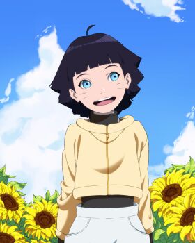 1girl ahoge black_hair blue_eyes blue_sky boruto:_naruto_next_generations clip_studio_paint_(medium) cloud commentary english_commentary flower highres jacket naruto_(series) open_mouth short_hair sky smile solo sunflower turtleneck upper_body uzumaki_himawari vicio_cusimano yellow_jacket
