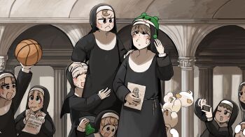 6+girls :< :d ball basketball_(object) bird black_hair blonde_hair blue_eyes brown_eyes brown_hair chicken clumsy_nun_(diva) commentary diva_(hyxpk) duck english_commentary finger_frame freckles frog_hat froggy_nun_(diva) glasses glasses_nun_(diva) green_hat green_socks grey_hair hat highres hungry_nun_(diva) lifting_person little_nuns_(diva) multiple_girls note nun open_mouth round_eyewear sheep_nun_(diva) smile socks sweat traditional_nun