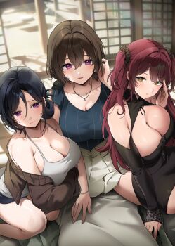 3girls black_dress black_hair breasts character_request cleavage closed_mouth collarbone commentary_request dress giuniu hair_between_eyes highres jewelry large_breasts long_hair_between_eyes multiple_girls necklace otoko_girai_na_bijin_shimai_wo_namae_mo_tsugezu_ni_tasuketara_ittai_dounaru? parted_lips purple_eyes red_hair skirt tank_top white_skirt white_tank_top yellow_eyes