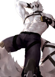 Rule 34 | 1boy, abs, absurdres, animal ears, arm behind head, arm up, bara, black gloves, black pants, chest strap, claws, commentary, english commentary, eyepatch, fingerless gloves, furry, furry male, gloves, hand on own chest, highres, hinnab art, looking at viewer, male focus, muscular, muscular male, nipples, one eye covered, pants, pectorals, red eyes, signature, tail, topless male, von lycaon, white background, wolf boy, wolf ears, wolf tail, zenless zone zero