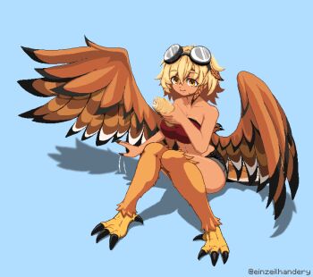 absurdres bird_legs bird_tail black_shorts blonde_hair blue_background breasts brown_feathers brown_wings dark_skin einzeilhandery feathered_wings feathers goggles goggles_on_head harpy highres medium_breasts monster_girl original red_tank_top shadow short_shorts shorts sitting tail talons tank_top twitter_username wings