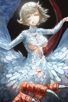 1girl absurdres black_background blonde_hair blood breasts centauroid chimera commentary dungeon_meshi falin_touden falin_touden_(chimera) feathers highres kuren_kren large_breasts looking_at_viewer monster_girl short_hair slit_pupils solo talons taur white_feathers wings yellow_eyes