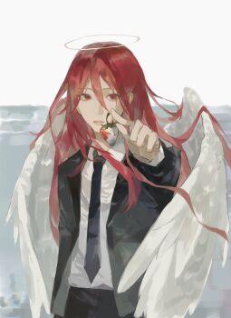 1boy angel angel_devil_(chainsaw_man) angel_wings black_jacket black_necktie black_suit business_suit chainsaw_man feathered_wings formal_clothes glowing glowing_halo halo highres jacket kakyoriya necktie shirt_tucked_in suit suit_jacket traditional_halo white_wings wings