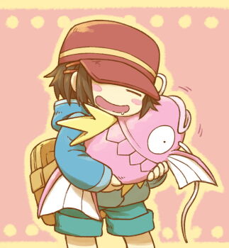 Rule 34 | 1other, animal, aqua shorts, backpack, bag, blush, blush stickers, brown bag, brown hair, closed eyes, commentary request, drooling, fish, fuifui, gen 1 pokemon, hair ornament, hairclip, hat, holding, holding animal, holding fish, holding pokemon, hood, hood down, lips, long sleeves, magikarp, nintendo, one eye covered, open mouth, outline, pink background, pokemon, pokemon: magikarp jump, pokemon (creature), protagonist (magikarp jump), red hat, saliva, short hair, shorts, smile, yellow outline