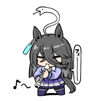 1girl animal_ears black_hair bow chibi closed_eyes commentary_request eighth_note flute full_body hair_between_eyes highres holding holding_instrument horse_ears horse_girl horse_tail instrument kawamochi_(kawauti919) long_hair long_sleeves manhattan_cafe_(umamusume) multicolored_hair music musical_note no_shoes playing_instrument pleated_skirt puffy_long_sleeves puffy_sleeves purple_shirt purple_skirt purple_thighhighs school_uniform shadow shirt simple_background skirt snake_charmer snake_hair solo standing tail thighhighs tracen_school_uniform translation_request two-tone_hair umamusume very_long_hair white_background white_bow white_hair