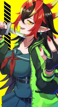1girl absurdres black_hair black_serafuku blonde_hair breasts colored_sclera cowboy_shot delinquent duel_monster ear_piercing fingerless_gloves gloves highres holding holding_sword holding_weapon horns jacket large_breasts long_sleeves multicolored_hair open_clothes open_jacket piercing pinyata_(pinyaland) pointy_ears pointy_hair red_eyes red_hair red_nails school_uniform serafuku sharp_teeth skirt solo sword teeth weapon yellow_sclera you're_finished_(yu-gi-oh!) yu-gi-oh!