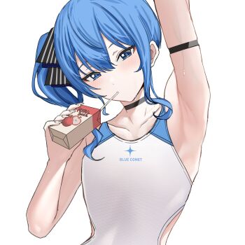 1girl apple_juice arm_strap arm_up black_choker blue_eyes blue_hair blush choker clothes_writing collarbone drink_carton drinking drinking_straw drinking_straw_in_mouth flat_chest hair_between_eyes hair_ribbon hand_up highres hololive hoshimachi_suisei juice juice_box long_hair looking_at_viewer one-piece_swimsuit ribbon si_farid side_ponytail simple_background solo star_(symbol) star_in_eye sweat swimsuit symbol_in_eye upper_body virtual_youtuber white_background white_one-piece_swimsuit