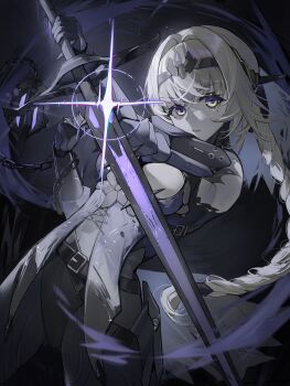 1girl absurdres belt bianca:_stigmata_(pgr) bianca_(pgr) braid breasts chain closed_mouth commentary_request glaring glint grey_hair hairband headgear highres holding holding_sword holding_weapon long_hair looking_at_viewer low-braided_long_hair low-tied_long_hair mechabare mechanical_arms mechanical_hands medium_breasts metal_hairband mole punishing:_gray_raven reverse_grip solo sword very_long_hair weapon yamasede_neiko