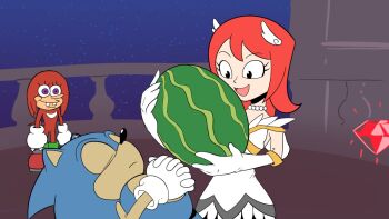 1girl 2boys chaos_emerald closed_eyes diegoandsmtz dress food fruit furry furry_male gloves knuckles_the_echidna multiple_boys nickelodeon own_hands_together parody princess_elise_the_third purple_eyes red_hair smile sonic_(series) sonic_the_hedgehog sonic_the_hedgehog_(2006) spanish_commentary spongebob_squarepants spongebob_squarepants_(series) watermelon white_dress white_gloves