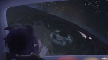 1girl ahoge black_hair city city_lights commentary_request drone0 from_inside highres horns kidian_(trickal) korean_commentary looking_outside night pointy_ears reflection sky solo star_(sky) starry_sky tree trickcal window