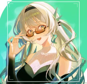1girl :d adjusting_eyewear bare_shoulders black_dress black_hairband black_sleeves breasts commentary_request detached_sleeves dress firefly_(honkai:_star_rail) firefly_(on_the_journey)_(honkai:_star_rail) glasses green_background grey_hair hair_intakes hairband hand_up highres honkai:_star_rail honkai_(series) long_hair looking_at_viewer looking_over_eyewear multicolored_eyes open_mouth orange-tinted_eyewear outside_border roha_(2r0ha1745) sidelocks sleeveless sleeveless_dress smile solo sunglasses tinted_eyewear turtleneck turtleneck_dress two-tone_dress two-tone_eyes upper_body
