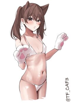 1girl absurdres alternate_costume animal_ears animal_hands bikini blush breasts brown_hair cat_ears collarbone cowboy_shot cropped_legs double-parted_bangs gloves hair_between_eyes hashtag-only_commentary highres kantai_collection looking_at_viewer medium_hair navel one-hour_drawing_challenge open_mouth paw_gloves paw_pose ryuujou_(kancolle) sidelocks simple_background skindentation small_breasts solo standing stomach string_bikini sweat swimsuit tf_cafe twintails twitter_username white_background white_bikini