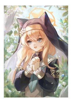 Rule 34 | 1girl, :d, absurdres, animal ear headwear, animal ears, armlet, bird, black veil, blue archive, blue eyes, blue neckerchief, border, braid, chinese commentary, coif, commentary request, double-parted bangs, dove, fake animal ears, flower, frilled sleeves, frills, gold armlet, hair between eyes, halo, hanchansiqingyun, hat, hat flower, highres, interlocked fingers, jewelry, long hair, long sleeves, mari (blue archive), neckerchief, nun, open mouth, orange hair, outdoors, own hands clasped, own hands together, praying, puffy long sleeves, puffy sleeves, sailor collar, sidelocks, single braid, smile, solo, sparkle, upper body, veil, white bird, white border, white flower, white sailor collar, yellow halo