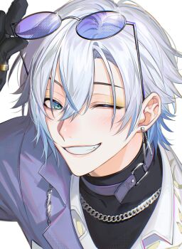1boy absurdres adjusting_eyewear black_gloves black_shirt blue_choker blue_eyes blue_hair chain chain_necklace choker collared_shirt commentary crossed_bangs earrings eyeshadow gloves gold_ring gradient_hair grin hair_between_eyes hand_up highres jewelry kaelix_debonair kaohom503 long_sleeves looking_at_viewer makeup male_focus multicolored_hair necklace nijisanji nijisanji_en one_eye_closed purple-tinted_eyewear ring round_eyewear shirt short_hair simple_background smile solo sunglasses symbol-only_commentary teeth thumb_ring tinted_eyewear turtleneck upper_body virtual_youtuber white_background white_hair white_shirt yellow_eyeshadow