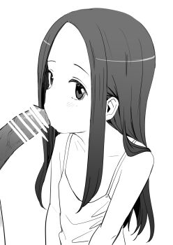 blush dress fellatio greyscale h2o_(ddks2923) karakai_jouzu_no_takagi-san loli long_hair looking_at_viewer monochrome oral parted_bangs penis solo_focus takagi-san white_dress