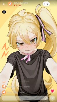 1girl @_@ akita_neru artist_name black_shirt blonde_hair blush chat_log english_text galubyee_(pwvx5544) hair_ribbon highres livestream original pink_ribbon ribbon shirt simple_background solo tearing_up tears upper_body user_interface vocaloid yellow_background yellow_eyes youtube