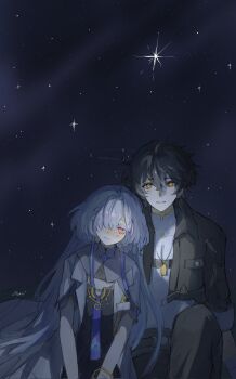 .osari 1boy 1girl amane_luna_(vtuber) black_hair black_jacket closed_mouth colored_eyelashes dress grey_hair grey_shirt hair_between_eyes hair_ornament hair_over_one_eye head_on_another's_shoulder highres id_card jacket long_hair male_rover_(wuthering_waves) mornye_(wuthering_waves) night outdoors purple_dress red_eyes rover_(wuthering_waves) shirt signature sky smile star_(sky) starry_sky white_jacket wuthering_waves yellow_eyes