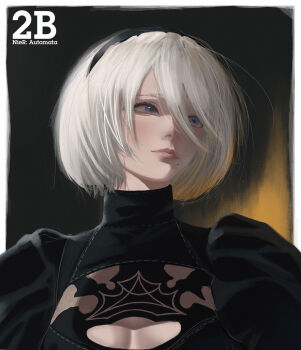 1girl 2b_(nier:automata) black_dress black_hairband blue_eyes border breasts character_name cleavage_cutout closed_mouth clothing_cutout commentary copyright_name double-parted_bangs dress english_commentary hair_between_eyes hairband highres lips looking_to_the_side mole mole_under_mouth nier:automata nier_(series) no_blindfold nose outside_border pink_lips portrait short_hair solo thorn_(kmconceptart) turtleneck turtleneck_dress white_border white_hair