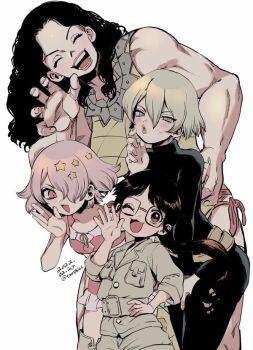 4girls black_hair blonde_hair blush bodysuit brown_eyes charlotte_bony chelsea_childe closed_eyes dr._stone glasses hair_ornament hair_over_one_eye long_hair looking_at_viewer luna_wright maya_biggs_(dr._stone) multiple_girls muscular muscular_female muscular_male one_eye_closed open_mouth pink_eyes pink_hair ponytail purple_hair short_hair simple_background smile star_(symbol) star_hair_ornament tmr0621 twitter_username waving white_background