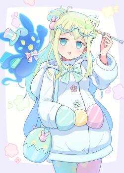 1girl 1other absurdres ahoge bag blue-framed_eyewear blue_eyes book brooch commentary_request eyewear_on_head fist_shaking flower_brooch green_hair green_ribbon hair_ornament hairband hand_in_pocket hat highres holding holding_book holding_pen hood hoodie jazz_grace jewelry long_hair long_sidelocks looking_at_another marvett_(puyopuyo) mini_hat mini_top_hat mr._rabbisuke multicolored_pantyhose multicolored_ribbon nib_pen_(object) pantyhose pen pink_ribbon puyopuyo puyopuyo_quest rabbit_hair_ornament ribbon satchel semi-rimless_eyewear sidelocks sweater tilted_headwear top_hat yellow_eyes